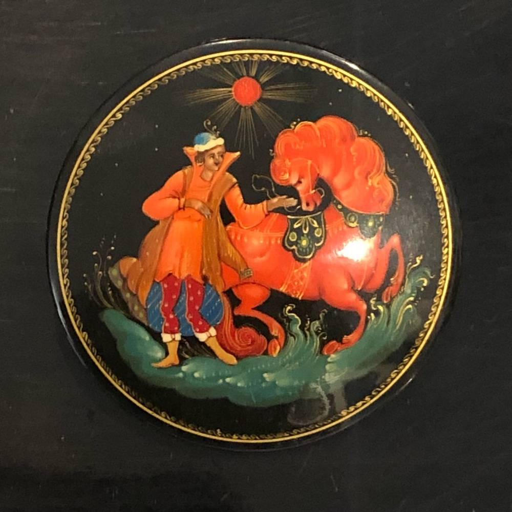 Vintage Lacquer Brooch Man With Horse